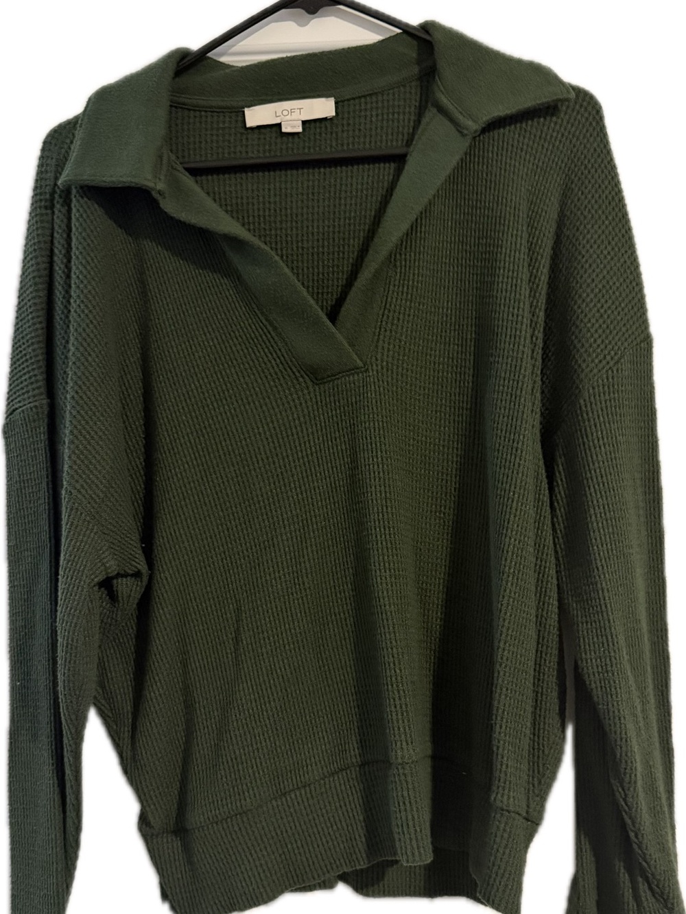 LOFT Dark Olive Waffle-Knit V-Neck Collared Sweater